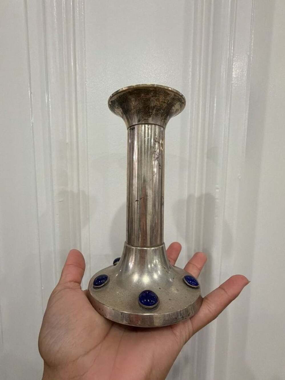 Vintage Silver Plated Lapis Lazuli Cabochon Candlestick Holder